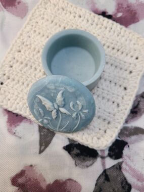 VTG Soapstone Trinket Box Butterfly Floral Carved Signed R Nemith Ring Holder